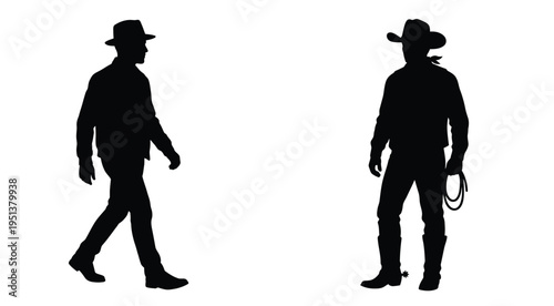 Two cowboys walking in a standoff a dramatic western scene silhouette