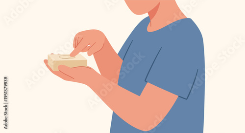 Person wearing a blue shirt touches a small rectangular object with a circular imprint