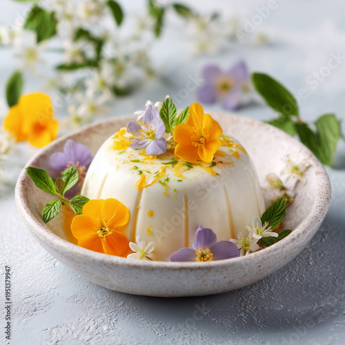 Easter curd dessert with edible flowers on light background