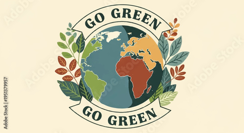 Eco friendly globe with green leaves and go green text on beige background symbolizing environmental conservation and sustainability