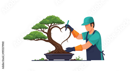 Gardener shapes a heart-shaped bonsai tree, tending with care