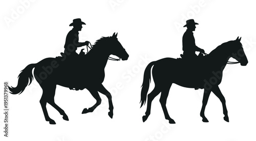 Two cowboys on horseback depicted in a striking black silhouette