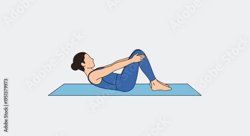 Woman on yoga mat performing a core exercise with knees bent and hands clasped