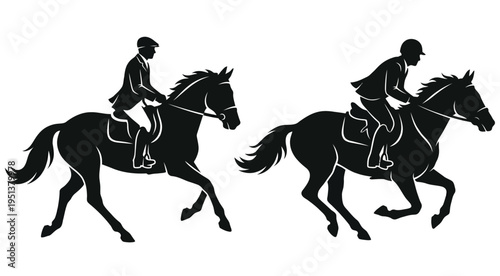 Two horse riders in dynamic poses depicted as a striking silhouette