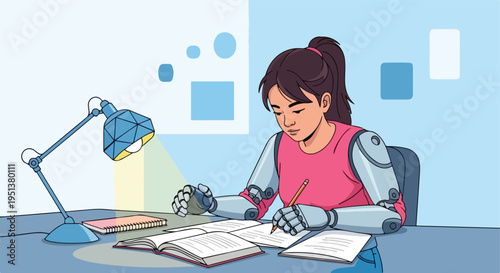 Person with robotic arms studying at a desk under a lamp