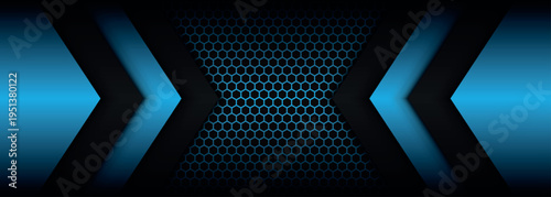 Abstract background with dark carbon fiber hexagonal pattern. Arrow style geometric shape design with modern and futuristic blue light effect. Vector eps. 3