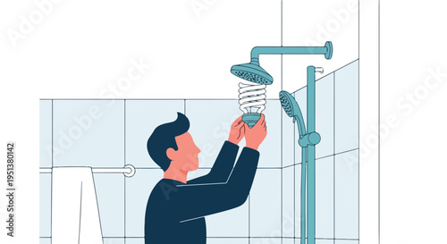 Person installs a fluorescent light bulb into a shower head with hands