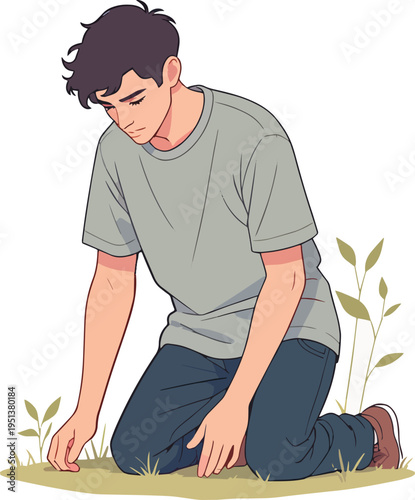 Illustrazione vettoriale di una persona inginocchiata con un ginocchio a terra e sguardo basso. Concetto di riflessione, preghiera, umiltà, rispetto o momento emotivo intenso.