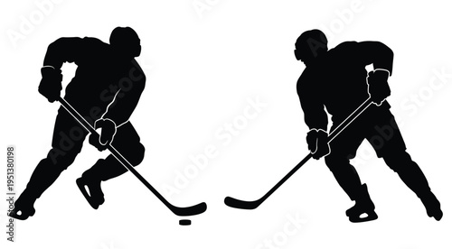 Two hockey players in action dynamically poised with sticks and pucks silhouette
