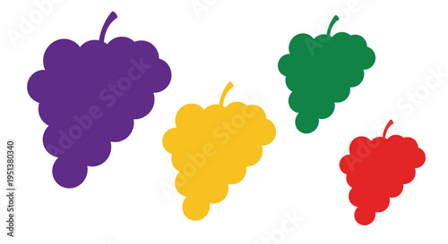 Colorful bunches of grapes displayed as flat stylized shapes silhouette