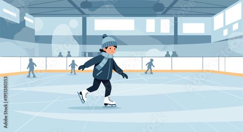 Young person glides on ice rink in winter attire