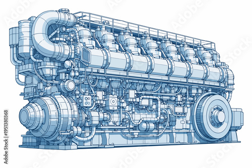 Technical Illustration of a Large Industrial Diesel Marine Engine
