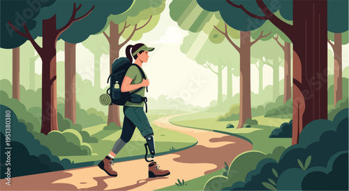 A person with a prosthetic leg hikes through a sun-dappled forest
