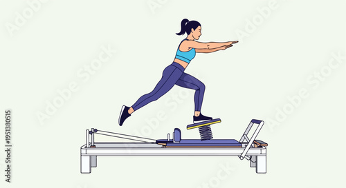 Woman exercises on a Pilates reformer, balancing on a platform with arms extended