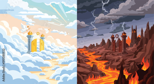 A split scene a celestial realm with golden gates and angels vs. a fiery underworld with demons and lava