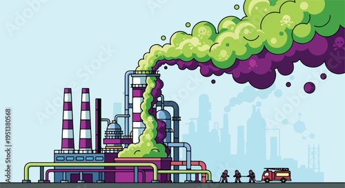 Industrial pollution billows from smokestacks, with hazmat-suited figures and a fire truck nearby