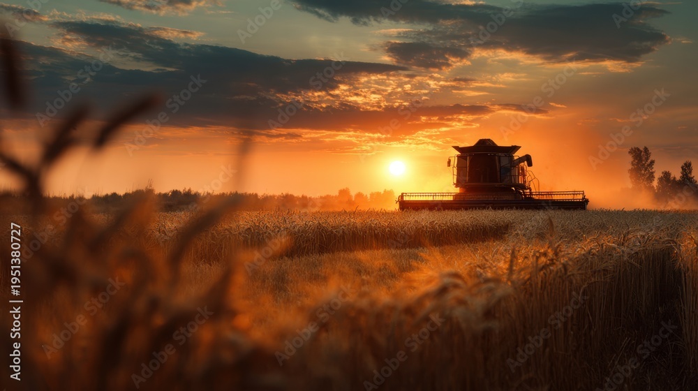 Fototapeta premium Combine harvester harvesting grain in expansive field at sunrise