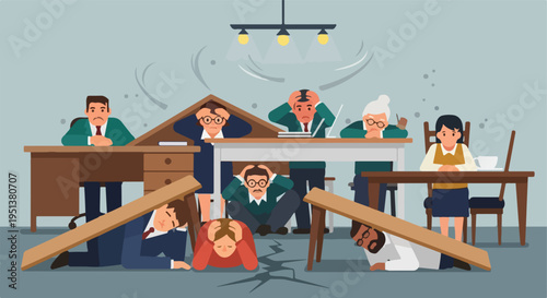 Office workers taking cover under desks and tables during an earthquake