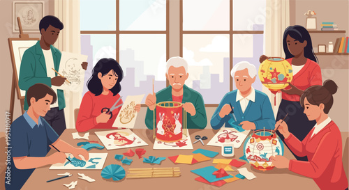 Diverse group of people creating decorative lanterns indoors with craft supplies