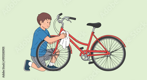 A young boy kneels, carefully wiping down a red bicycle with a cloth