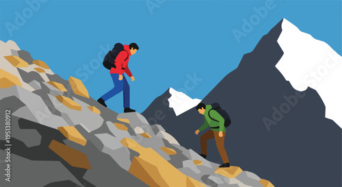Two hikers ascend a rocky mountain slope under a clear blue sky
