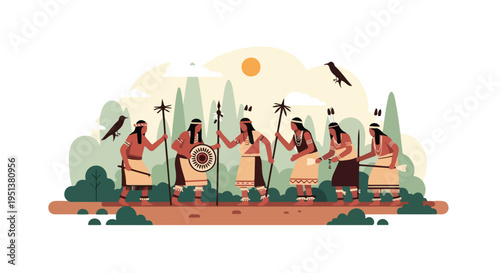 Stylized flat illustration of indigenous people in traditional attire with spears and shields