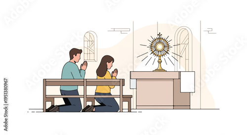 A couple kneels in prayer before a monstrance on an altar in a church