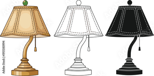 Vintage Table Lamp Vector Set Featuring Three Styles Including Colored Detailed Illustration Line Art Outline and Solid Black Flat Silhouette (20 words)