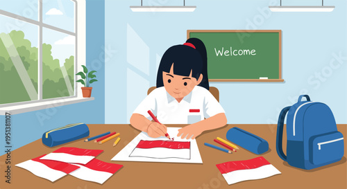 A young student draws the Indonesian flag in a classroom, surrounded by school supplies and a "Welcome" sign