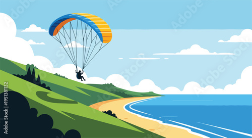 Silhouette of a person paragliding over a scenic coastline with green hills and blue ocean