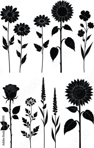 Silhouette illustration of cows arranged in grid pattern, diverse postures horn variations, livestock artwork, agriculture farming design element, rural animal concept