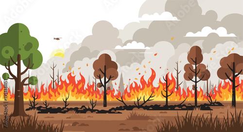 A forest fire rages with trees ablaze, smoke billows into the sky, and a helicopter surveys the scene