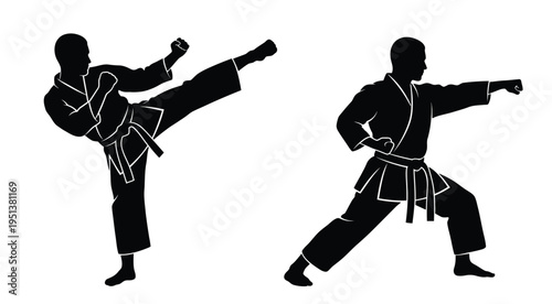 Two karate practitioners demonstrating dynamic poses a striking black silhouette