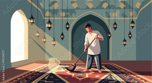Man sweeps a carpeted room with patterned floor, hanging lanterns, and arched doorways