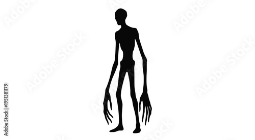 A stark black silhouette of an alien figure with elongated limbs silhouette