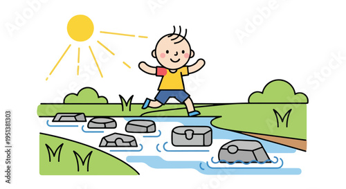 Cheerful child joyfully leaps across stepping stones under the bright sun