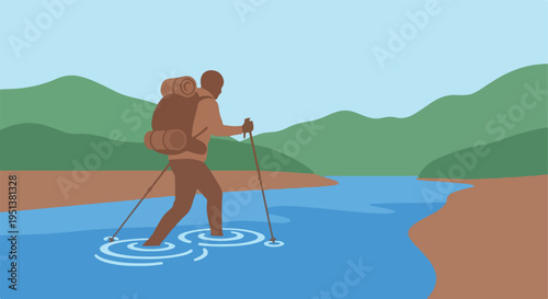 Hiker traverses water with trekking poles amidst rolling hills