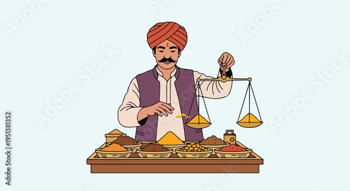 Merchant with turban weighing spices in a market stall