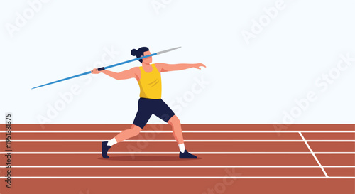 Athlete prepares to throw javelin on track lanes