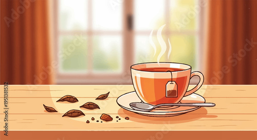 Steaming cup of tea on a wooden table by a window with scattered tea leaves