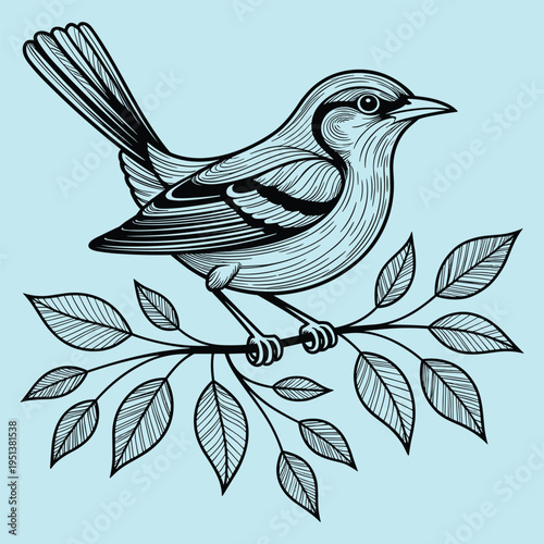 Bird Perched on Branch with Leaves Vintage Engraving Style Isolated on Light Blue