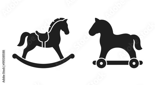 Two black horse figures one a rocking horse presented as a silhouette