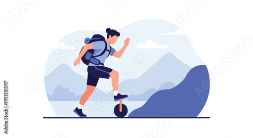 Adventurer on a unicycle climbs a stylized mountain landscape