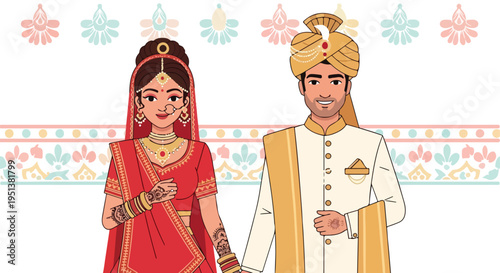 Digitally illustrated Indian wedding couple in traditional attire