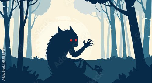 A dark forest silhouette with a red-eyed creature and soft sunlight