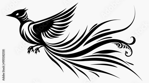 Elegant black and white bird illustration artistic design on white