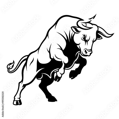 Powerful black bull charging forward with muscular build and fierce expression