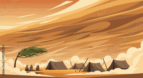 Desert encampment with wind-swept vegetation and figures against a dramatic sky