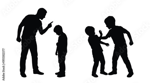 A father scolding two young children a tense family moment silhouette
