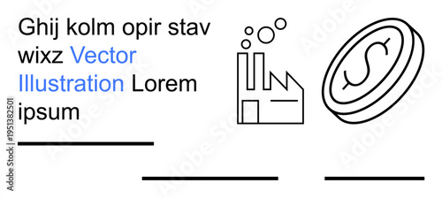 Economic growth, industrial production, business operations, manufacturing, corporate finance, wealth management. Factory icon with bubbles and a coin. Economic growth and industrial production